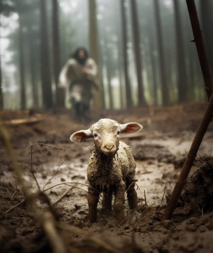 A lamb is stuck in the mud and lost and Jesus the great shepherd is running towards it.